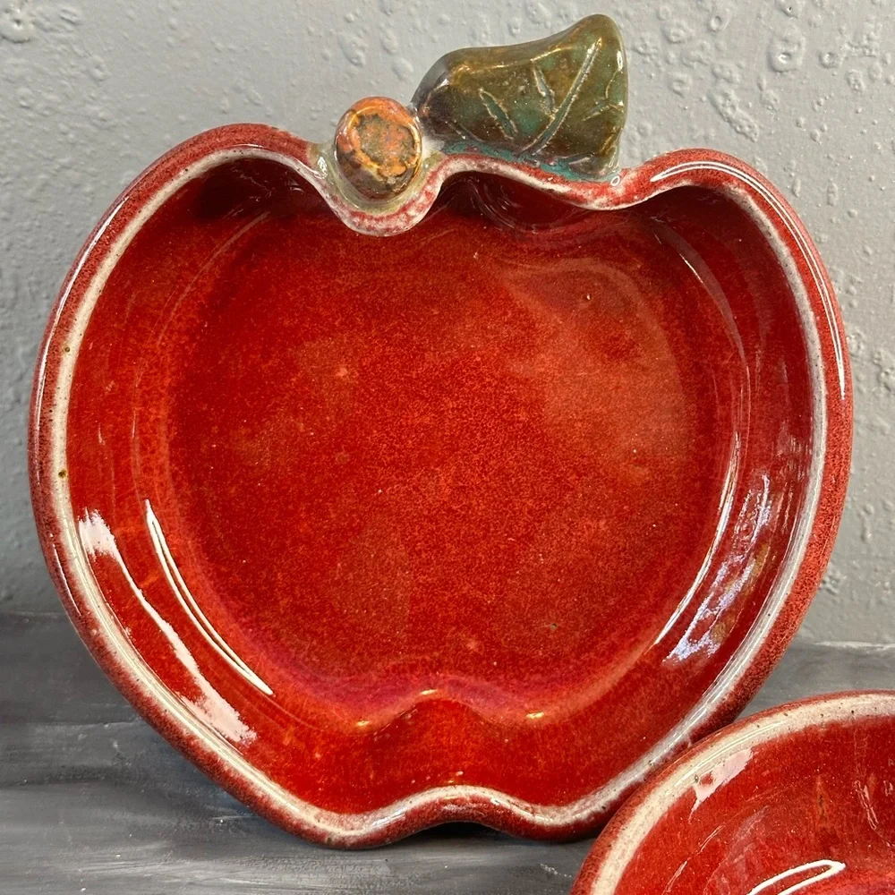 Vintage 1998 PBP red Stoneware individual apple shaped bakers set of 2 signed